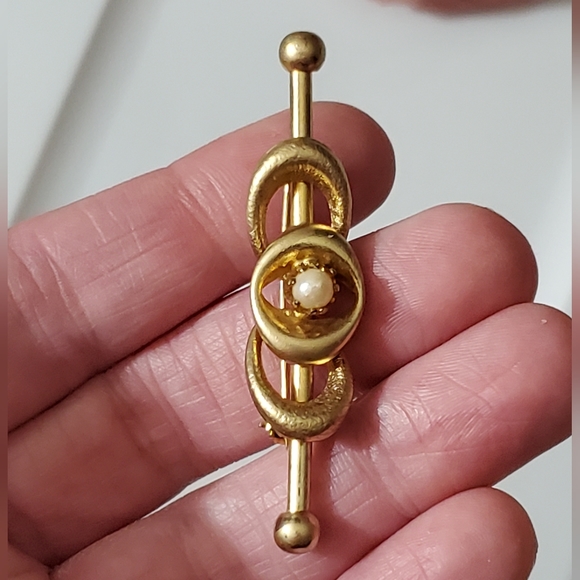 Vintage brooch pearl gold unique retro mod estate 50's 60's pin vtg wedding - Picture 7 of 7
